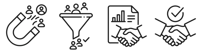 marketing and sales process icons including lead generation, funnel, business report, and partnership agreement