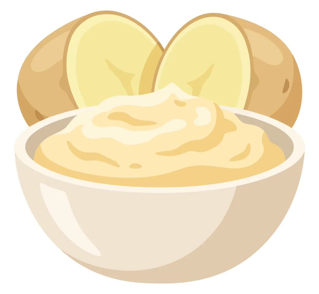 Mashed Potatoes In A White Bowl With Raw Potato Halves In The Background, Vector Illustration Of Creamy Potato Puree, A Classic Comfort Food mashed potatoes in a white bowl with raw potato halves in the background, vector illustration of creamy potato puree, a classic comfort food
