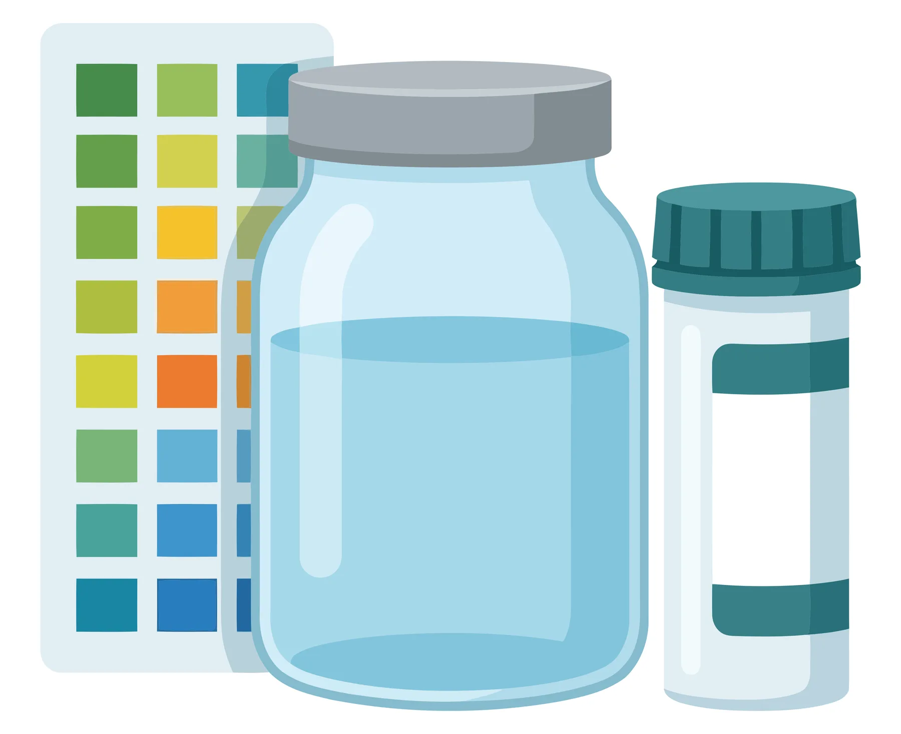 medical testing kit with a glass jar of liquid, a small sample vial, and a color reference chart for laboratory analysis and diagnostic proc