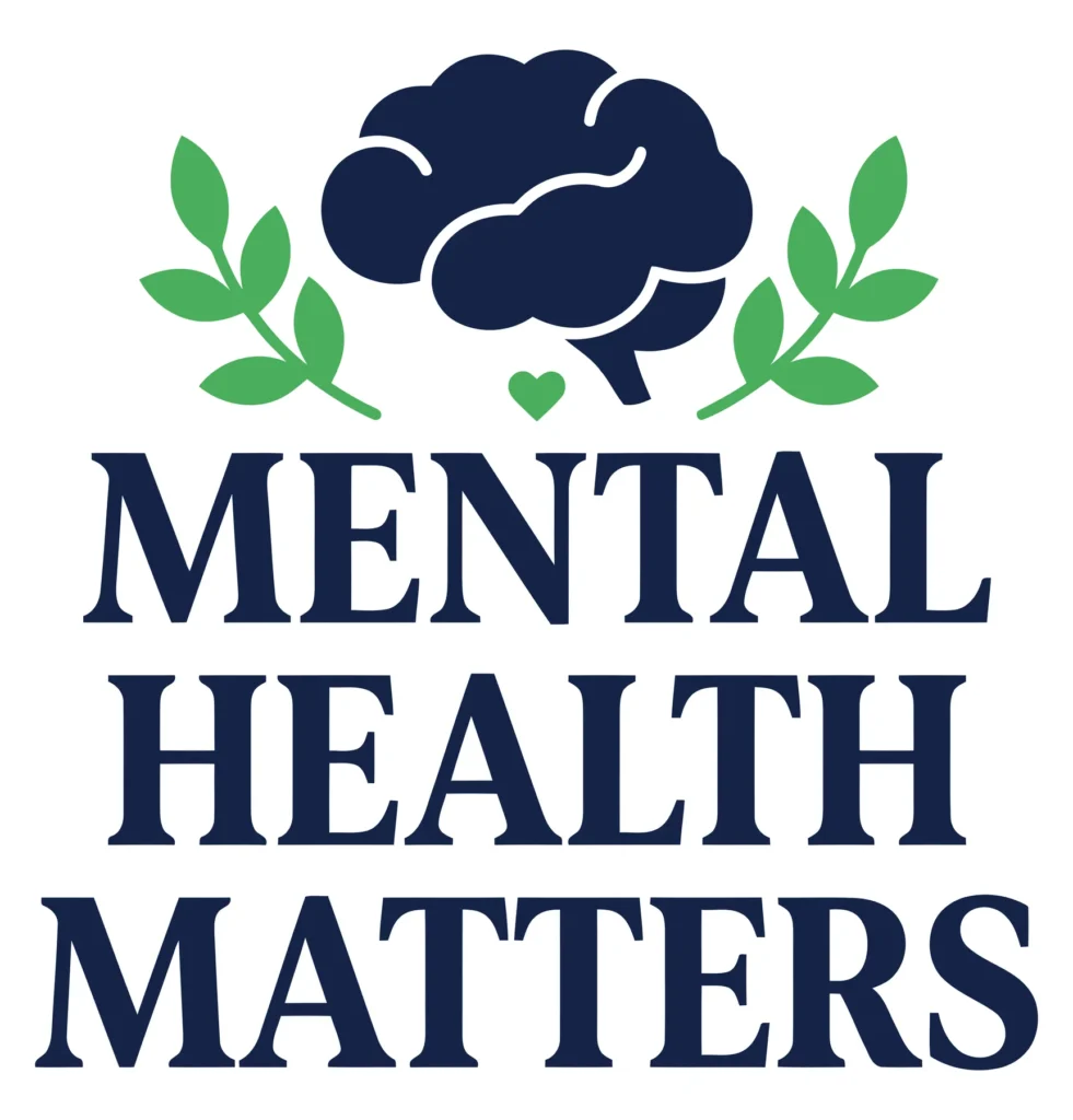 mental health matters typography with brain icon and leaves