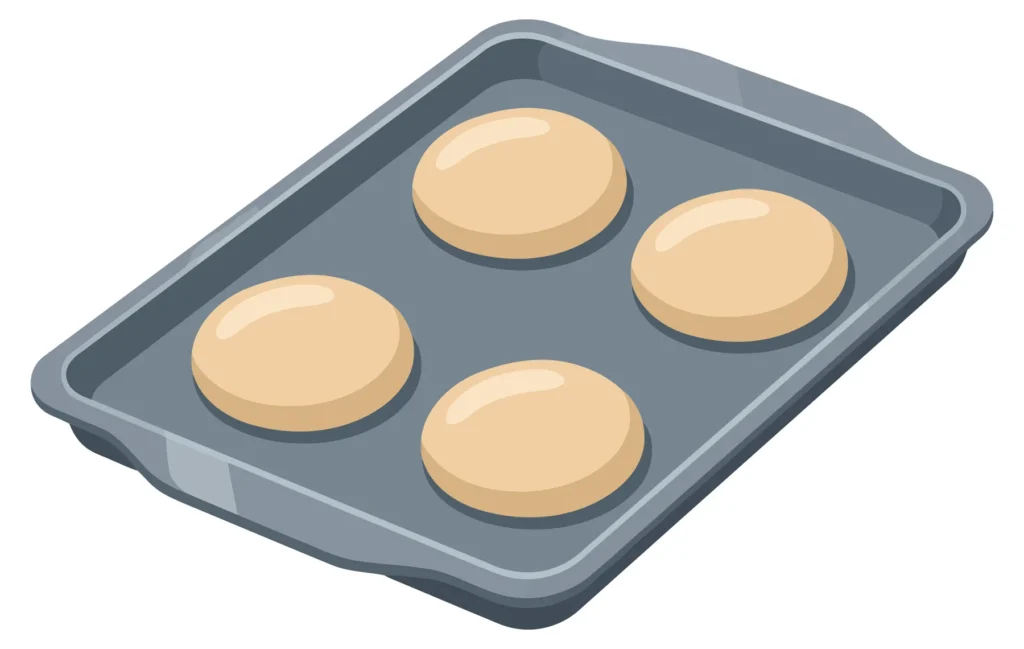 metal baking sheet with four dough balls isolated on white background