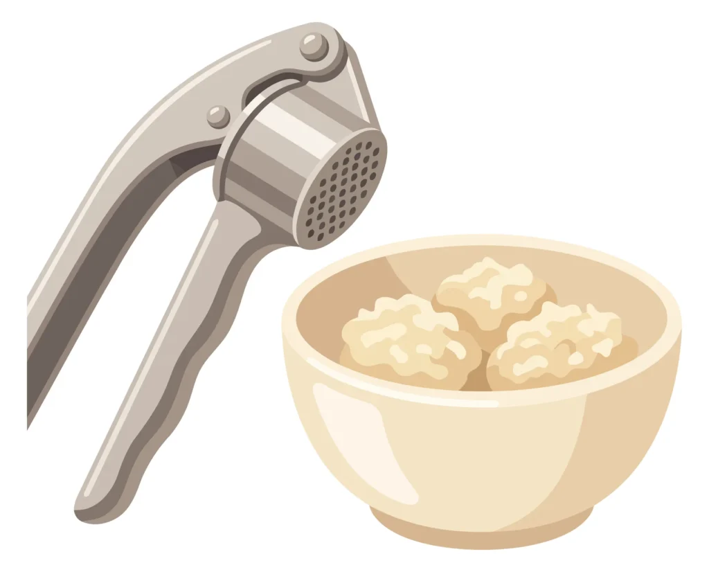 metal garlic press crusher tool with a bowl of fresh minced garlic paste puree, culinary kitchen utensil and seasoning ingredient cartoon ve
