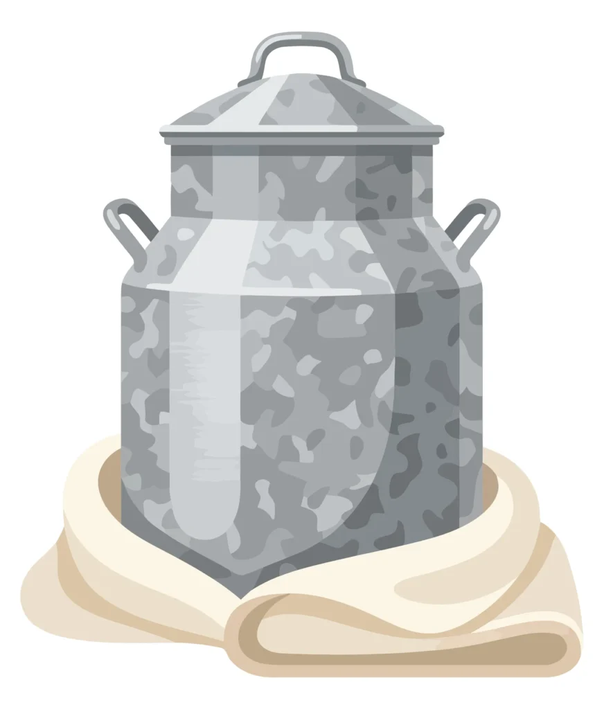 metal milk can with a lid, wrapped in a cloth, vector illustration isolated on white background