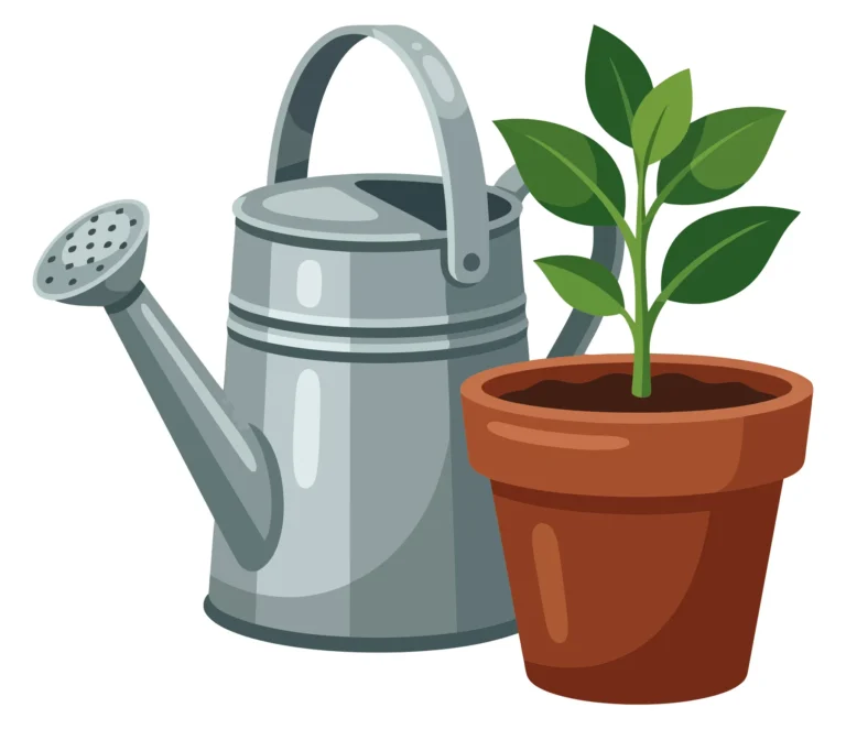 metal watering can and a green plant in a terracotta pot, gardening equipment for home plants and hobby gardening, flat vector illustration