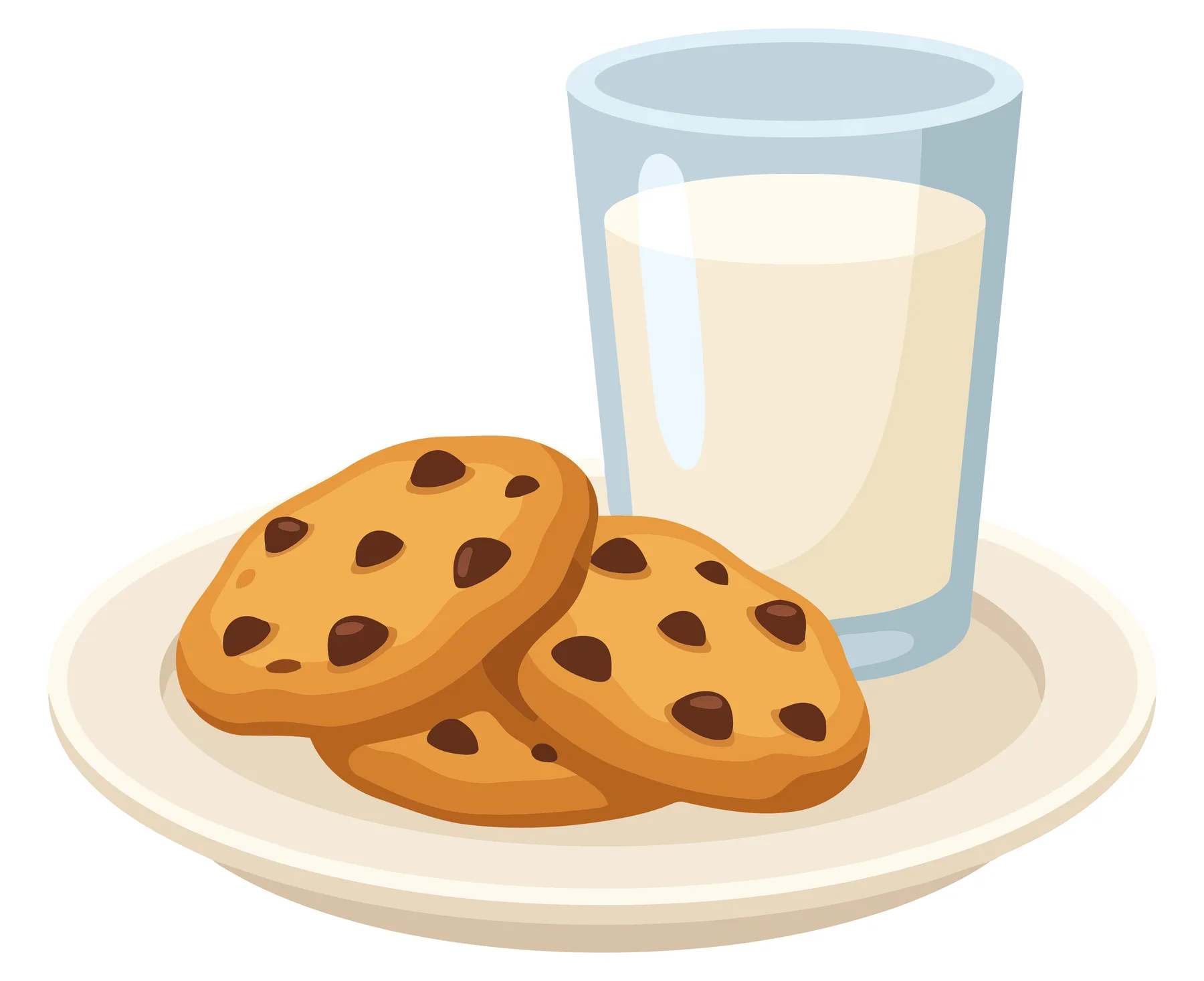 milk in a glass cup and chocolate chip cookies on a plate isolated on white background