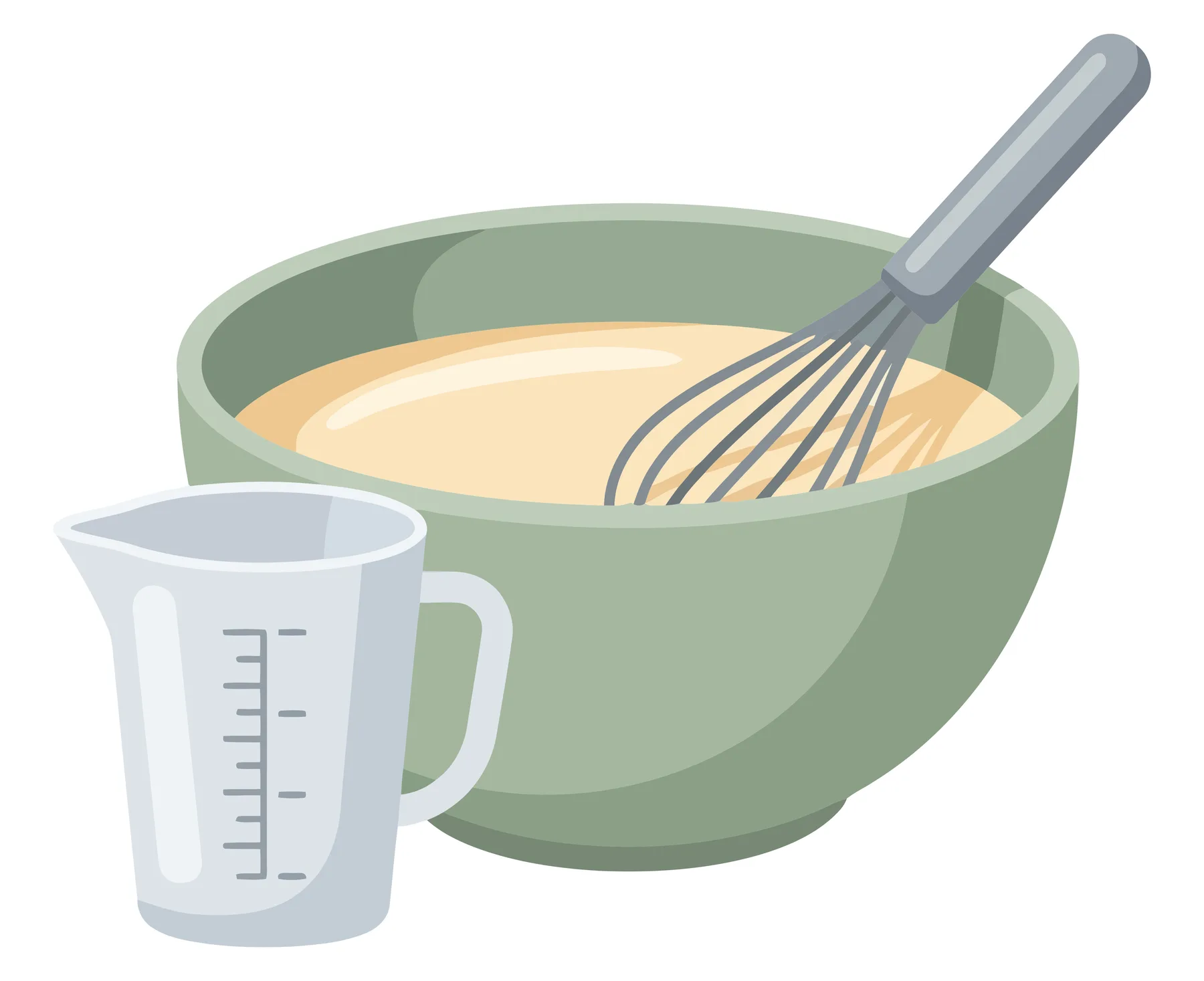 mixing bowl with batter and whisk and measuring cup on white background