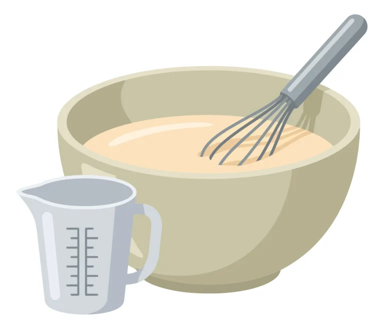 mixing bowl with batter and wire whisk next to a measuring cup for baking and cooking preparation