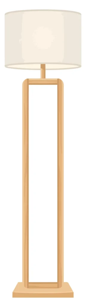 modern floor lamp with fabric shade and wooden frame, minimalist interior lighting fixture
