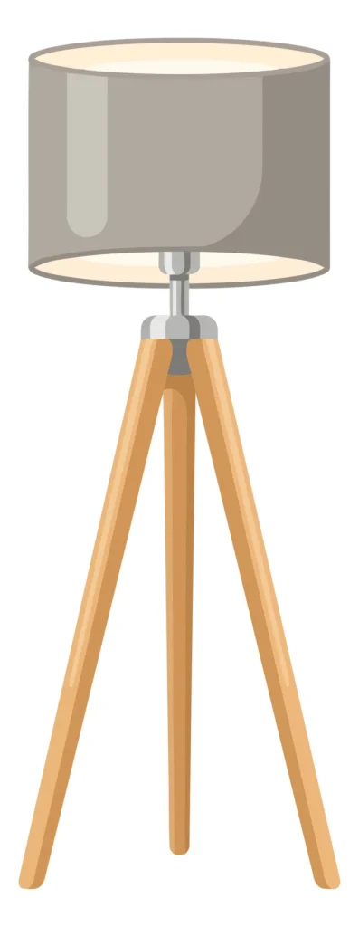 modern tripod floor lamp with wooden legs and grey fabric shade