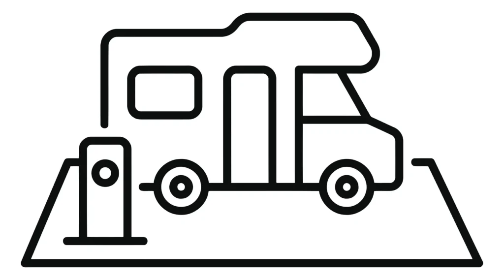 motorhome or camper van icon with charging station symbol