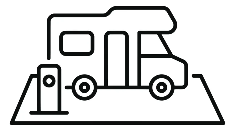 motorhome or camper van icon with charging station symbol