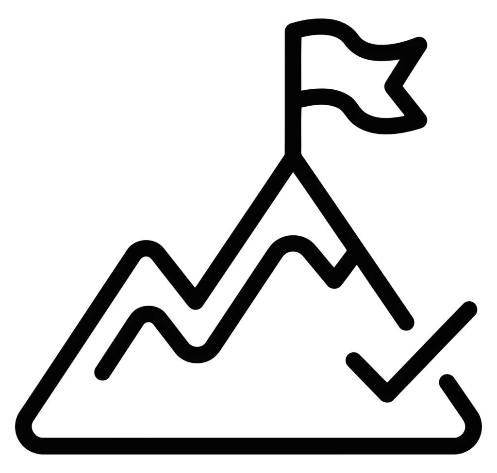mountain peak with a flag and a checkmark icon