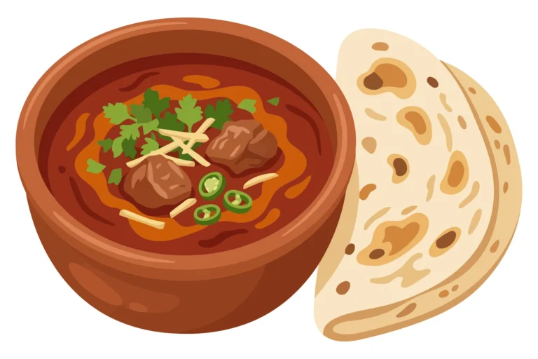 nihari stew in a clay bowl with naan bread, traditional pakistani and indian meat curry dish, flat lay illustration