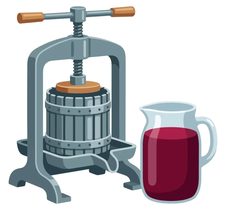 old fruit press with a jug of red juice, isolated on white background