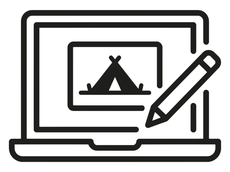 Laptop with camping tent icon and pencil for online planning