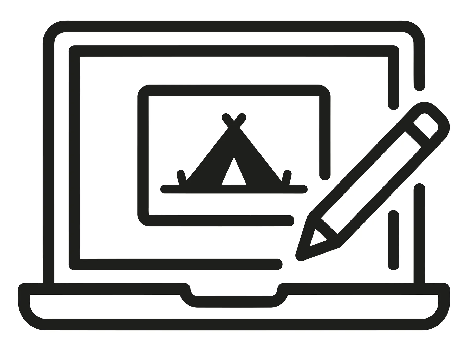 Laptop with camping tent icon and pencil for online planning