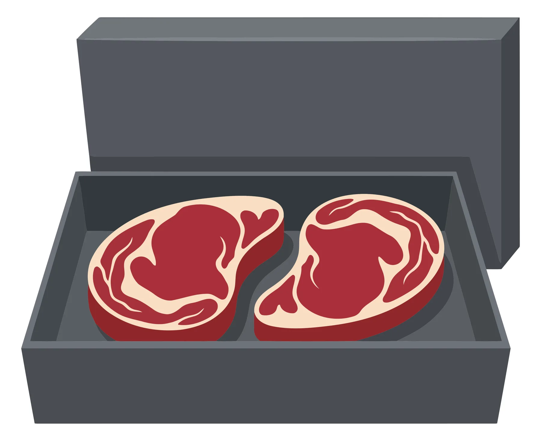 open black gift box with two fresh raw steaks inside