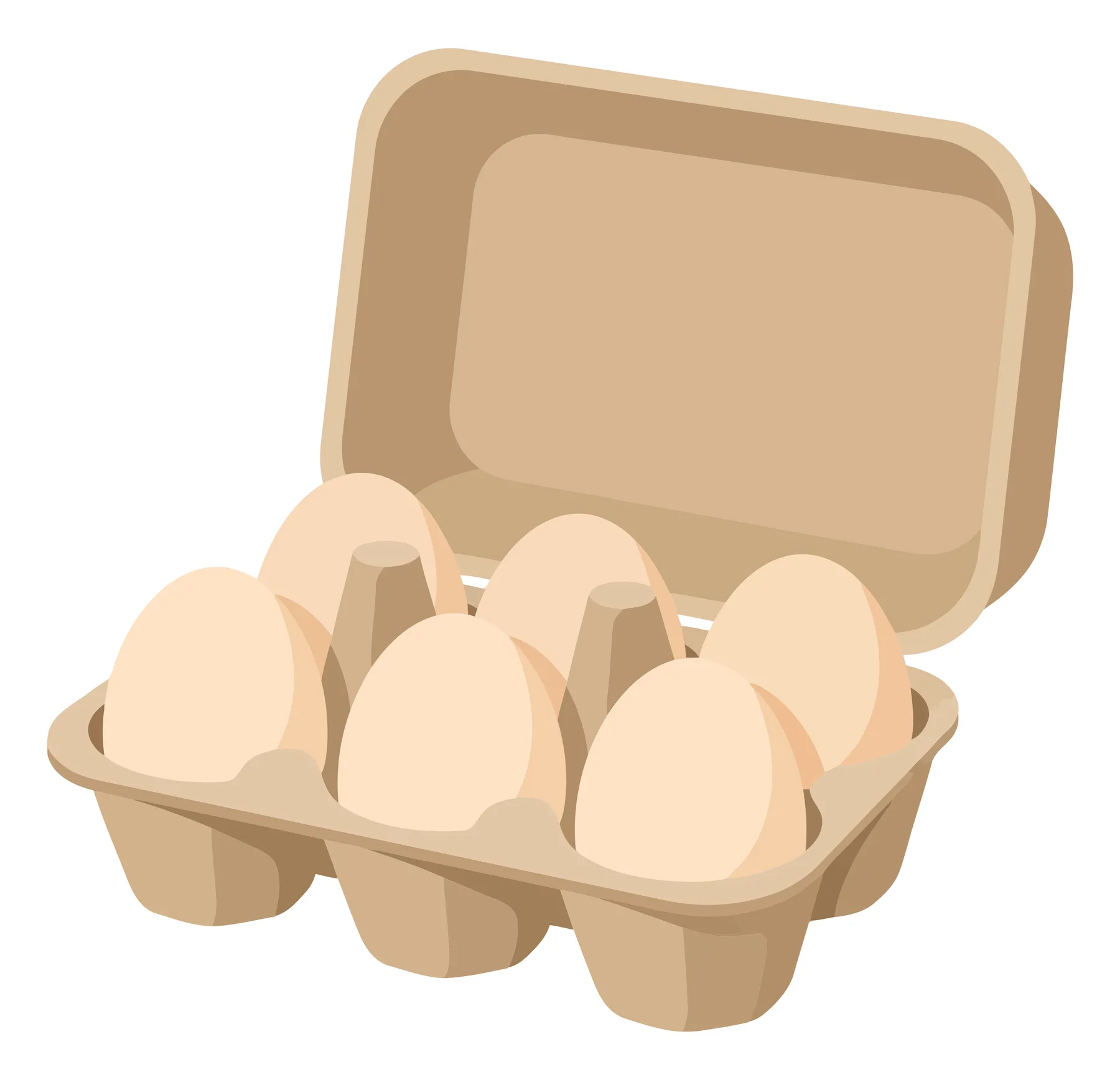 open brown cardboard egg carton with six beige eggs inside isolated on white background
