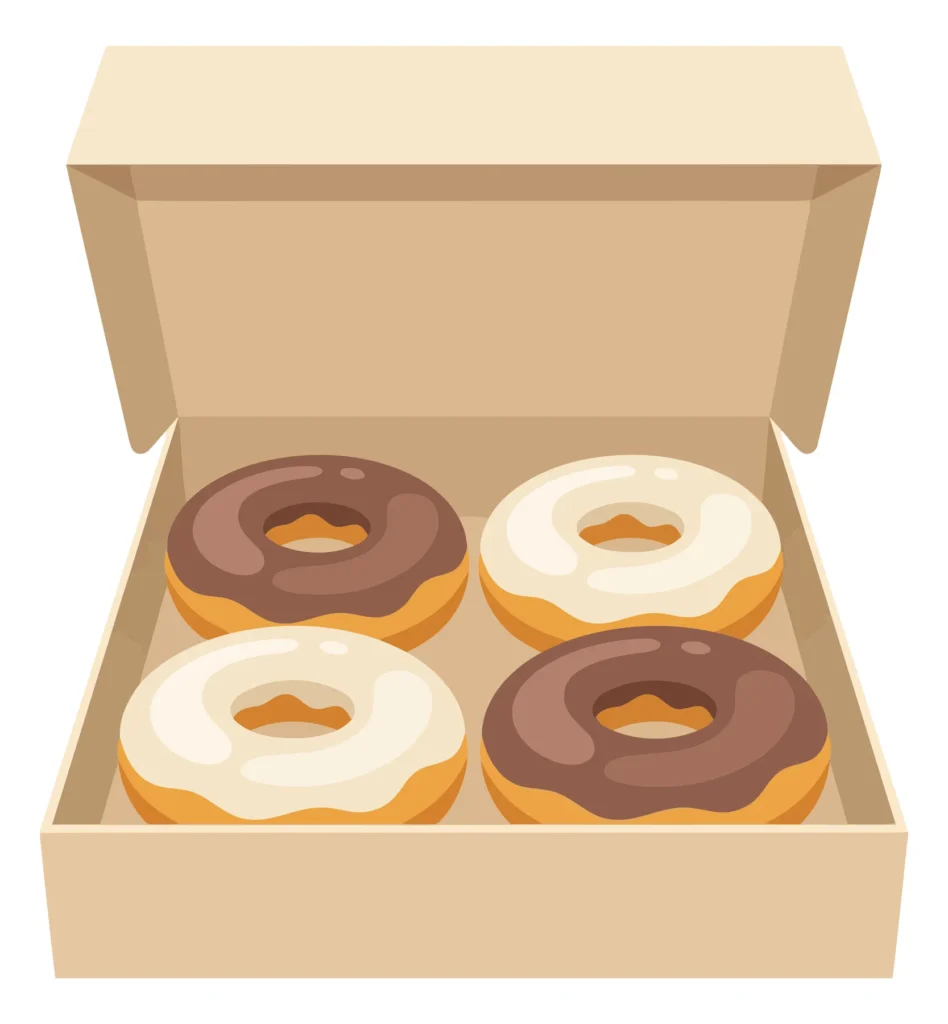 open cardboard box containing four delicious glazed donuts with chocolate and vanilla icing, arranged in a square pattern, vector illustrati
