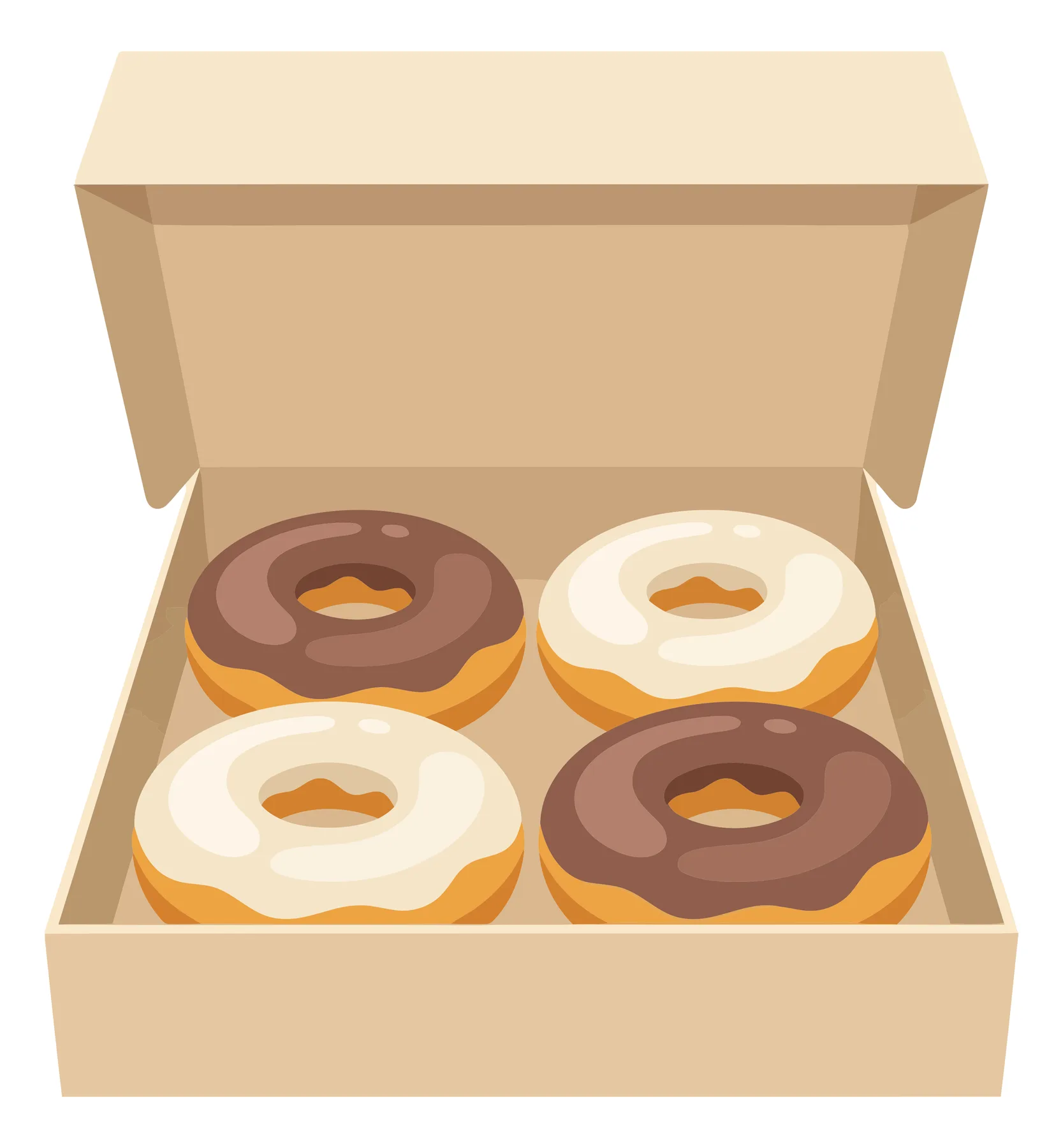 open cardboard box containing four delicious glazed donuts with chocolate and vanilla icing, arranged in a square pattern, vector illustrati