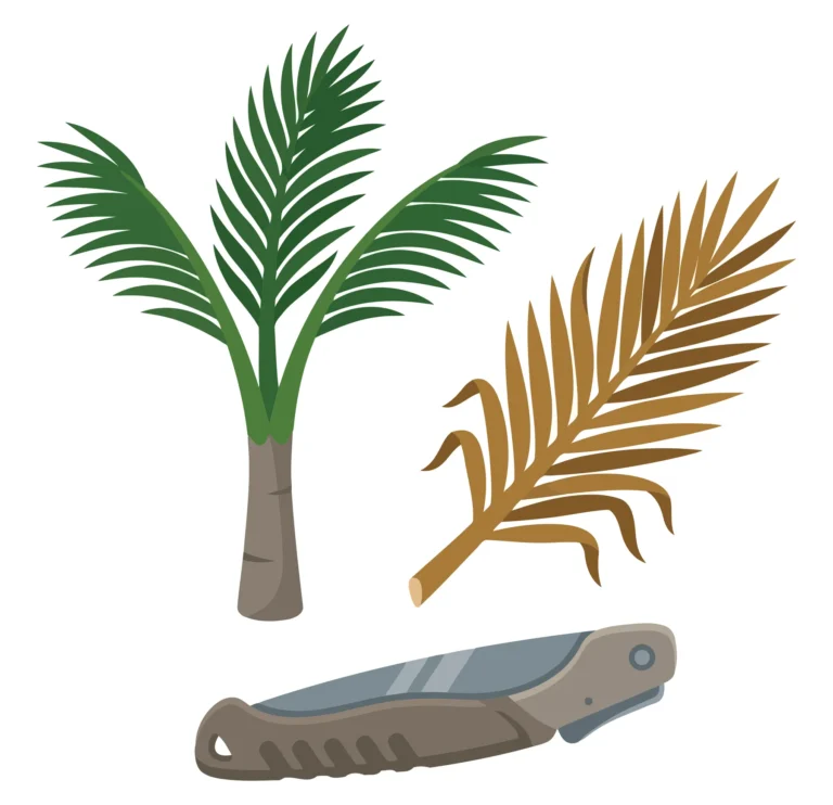 palm tree, dried palm frond and pocket knife