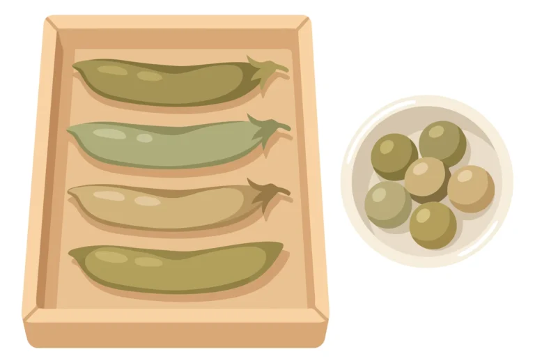 pea pods in a wooden tray and peas in a small bowl isolated on white background