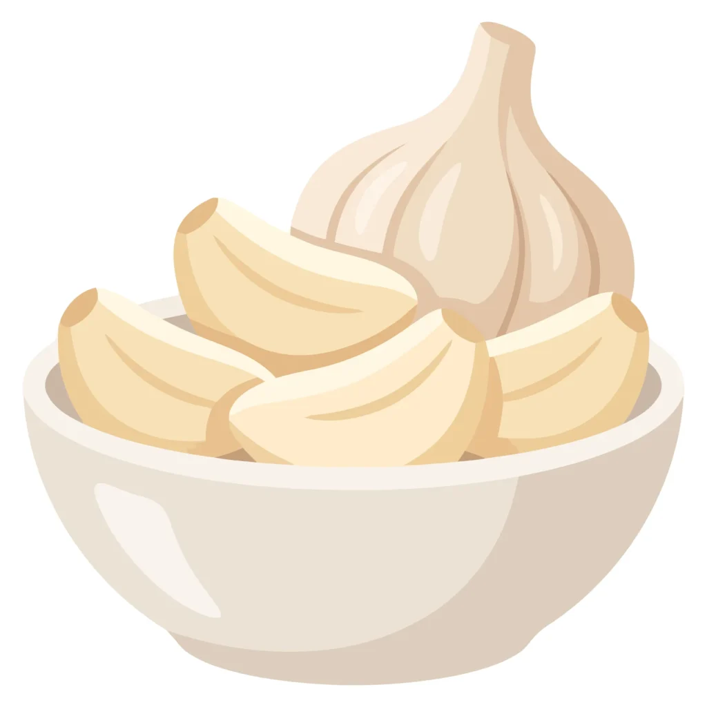 peeled garlic cloves in a ceramic bowl with whole bulb, healthy cooking ingredient and organic culinary seasoning spice cartoon vector clipa