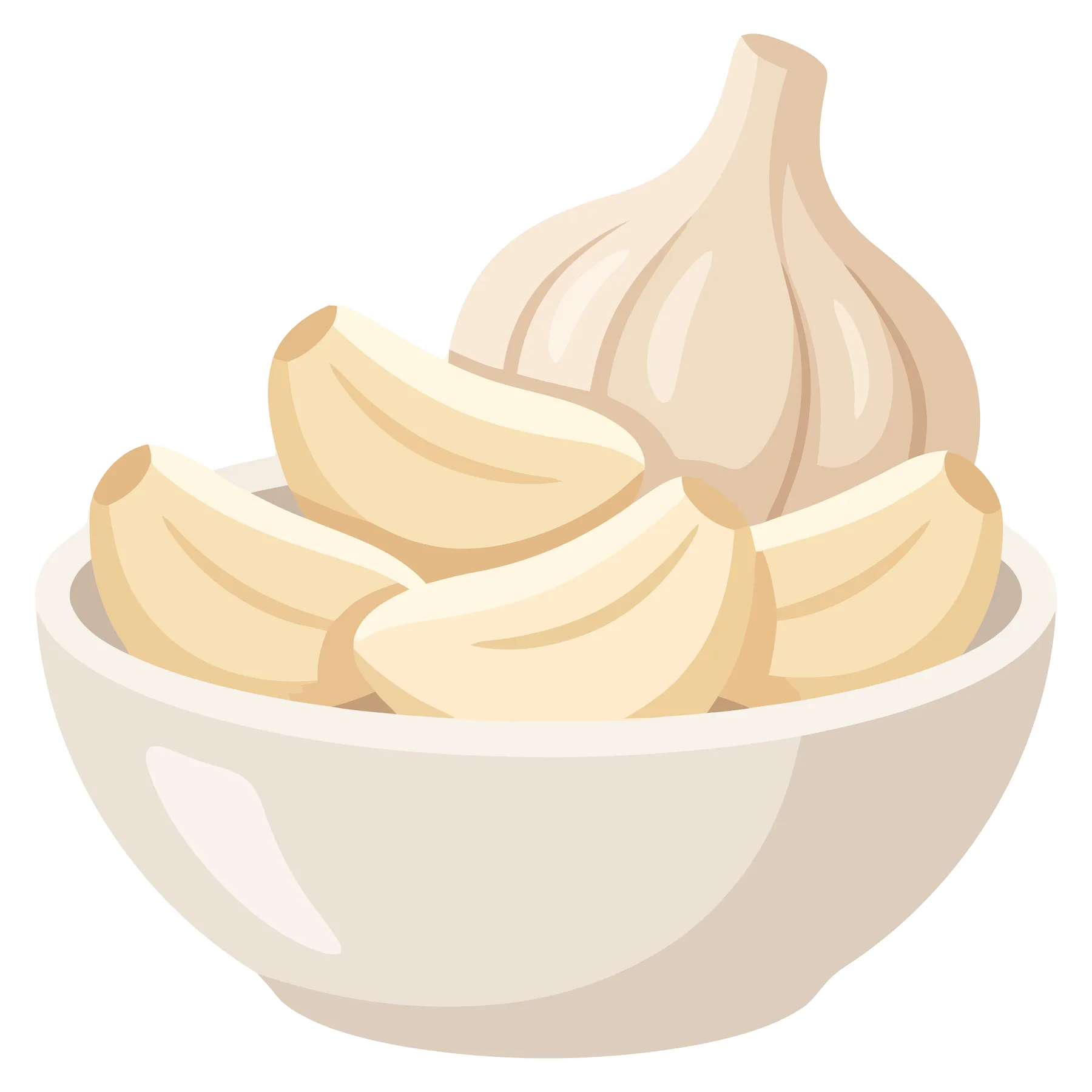 peeled garlic cloves in a ceramic bowl with whole bulb, healthy cooking ingredient and organic culinary seasoning spice cartoon vector clipa