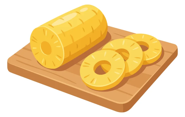 peeled pineapple cylinder and slices on wooden cutting board isolated on white background