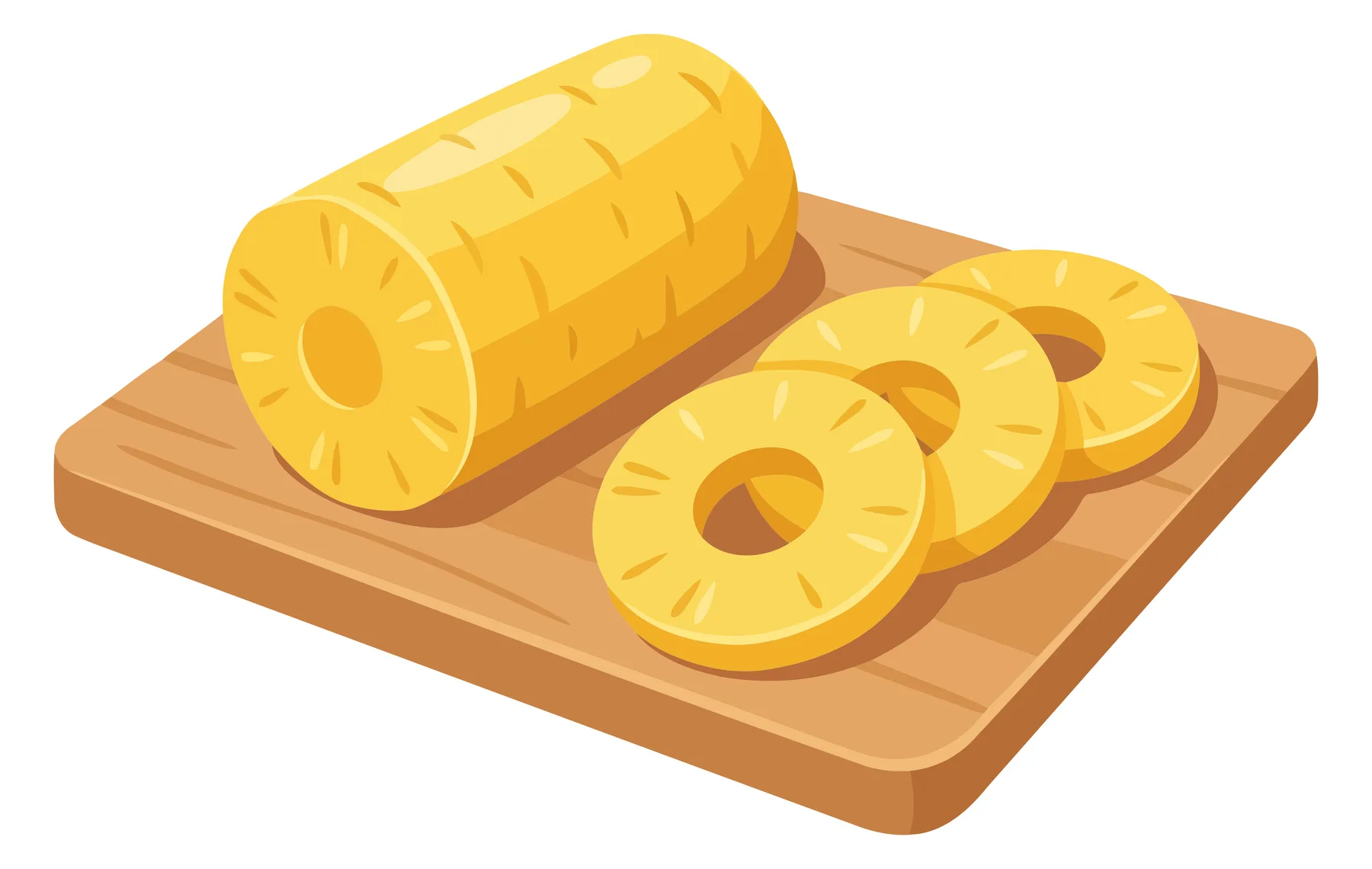 peeled pineapple cylinder and slices on wooden cutting board isolated on white background