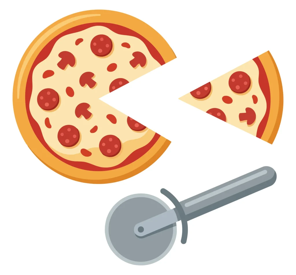 pepperoni and mushroom pizza with a missing slice and a cutter vector illustration