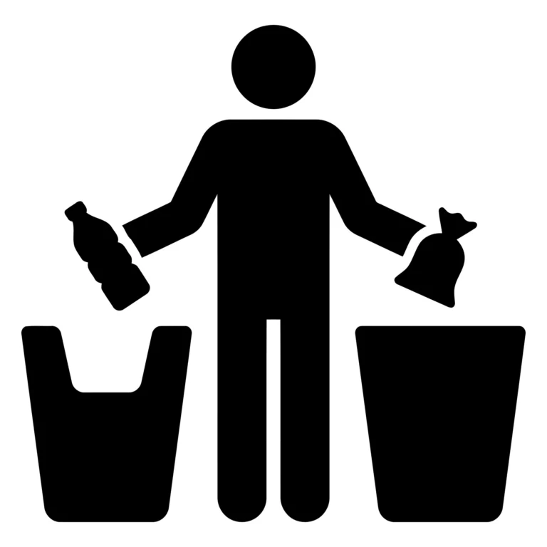 person disposing of waste into separate bins, recycling and trash management icon