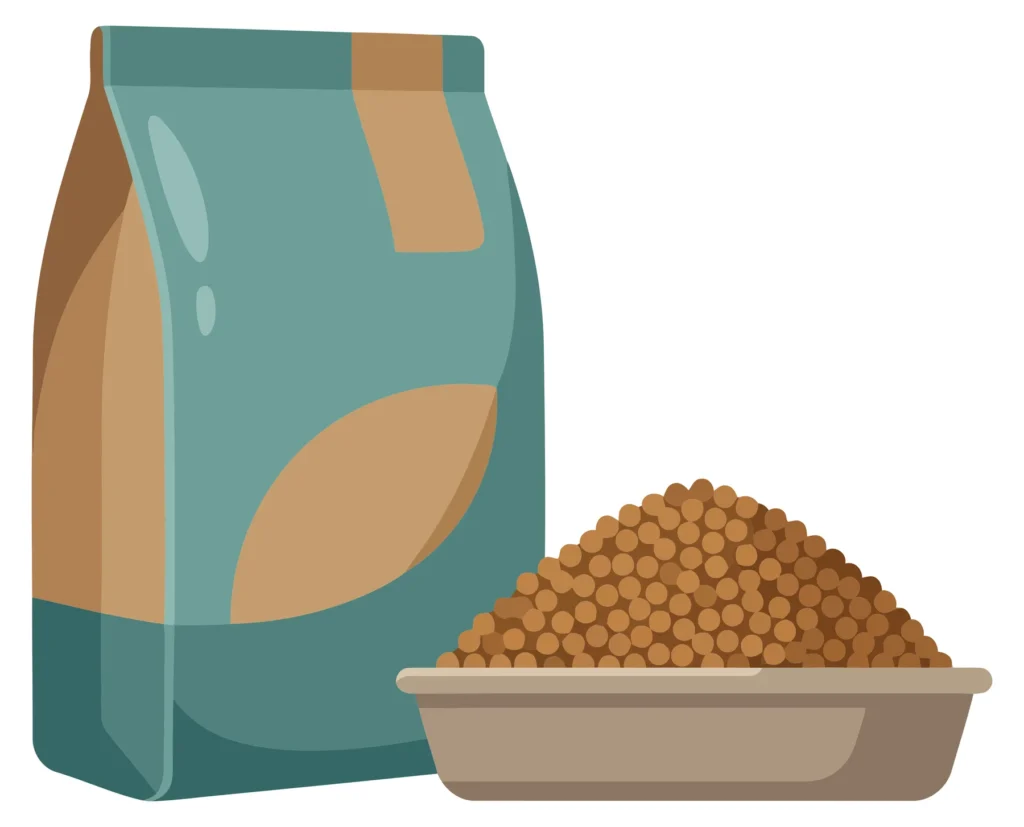 pet food bag and a bowl filled with dry kibble isolated on white background