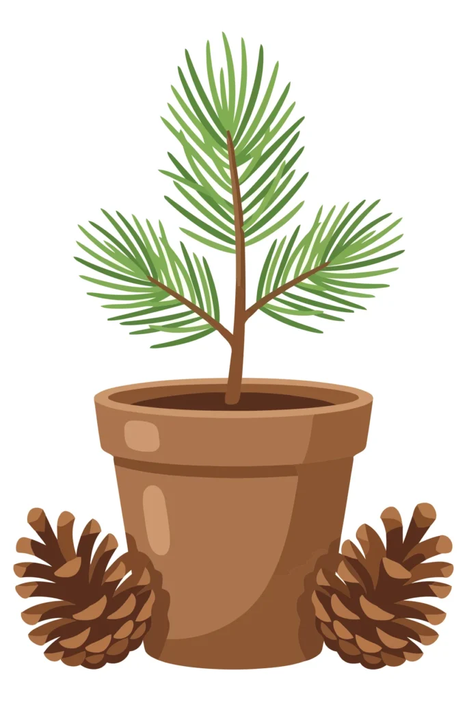 Pine Tree Sapling in Clay Pot with Pinecones pine tree sapling in clay pot with pinecones isolated on white background