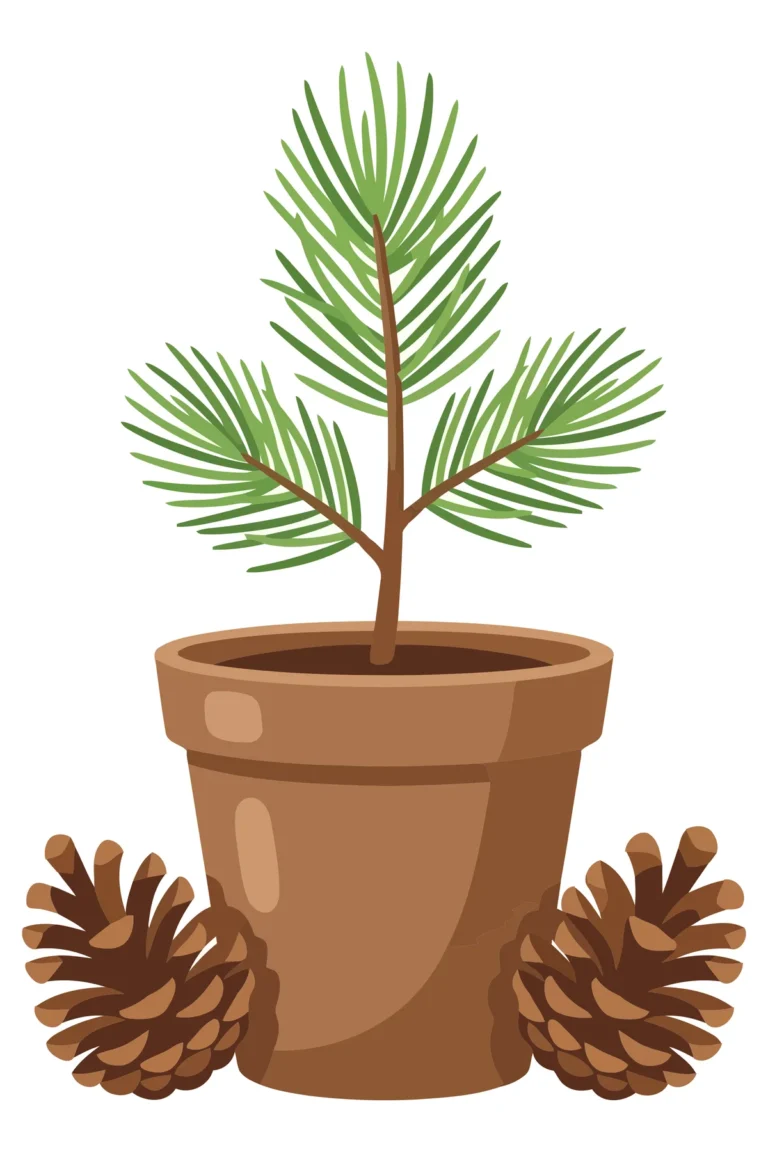 pine tree sapling in clay pot with pinecones isolated on white background