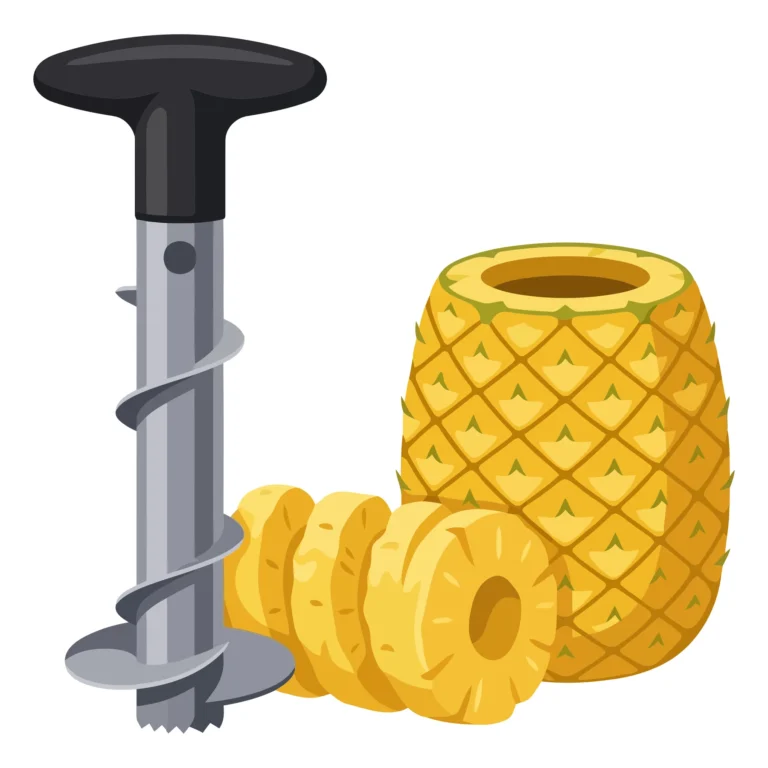 pineapple corer tool and sliced fruit isolated on white background
