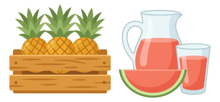pineapples in wooden crate and watermelon juice in pitcher and glass isolated on white background