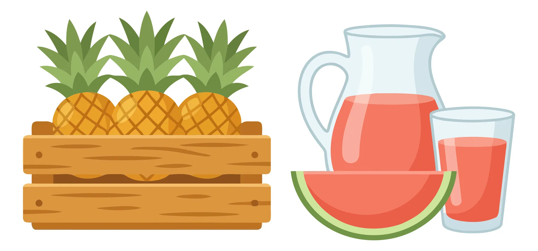 pineapples in wooden crate and watermelon juice in pitcher and glass isolated on white background