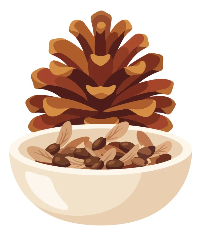 pinecone and a bowl of pine nuts with seeds, illustration of forest harvest and natural organic food, vector graphic design element