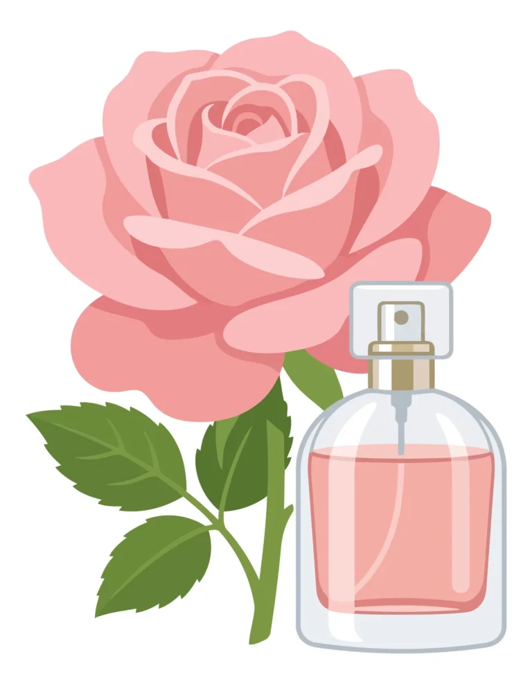pink rose flower and perfume bottle isolated on white background