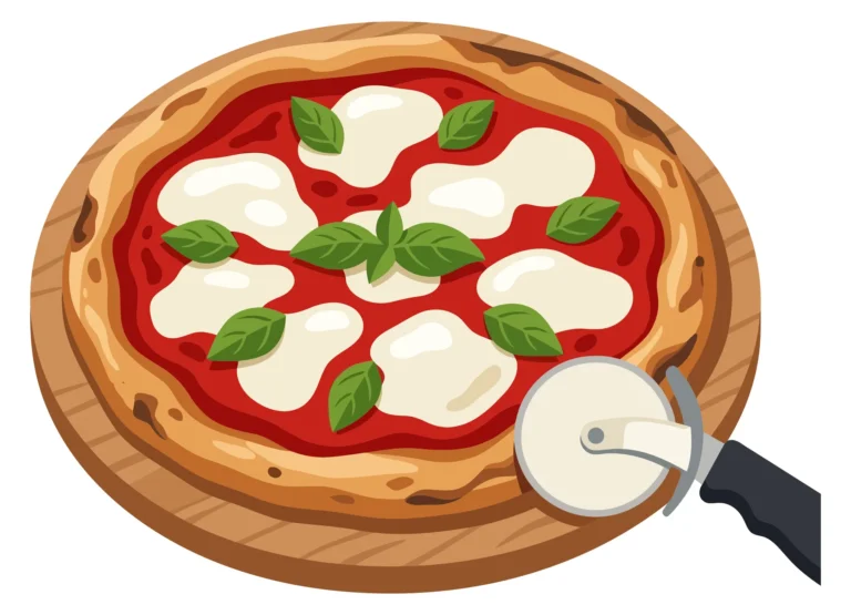 pizza margherita on wooden cutting board with pizza cutter isolated on white background