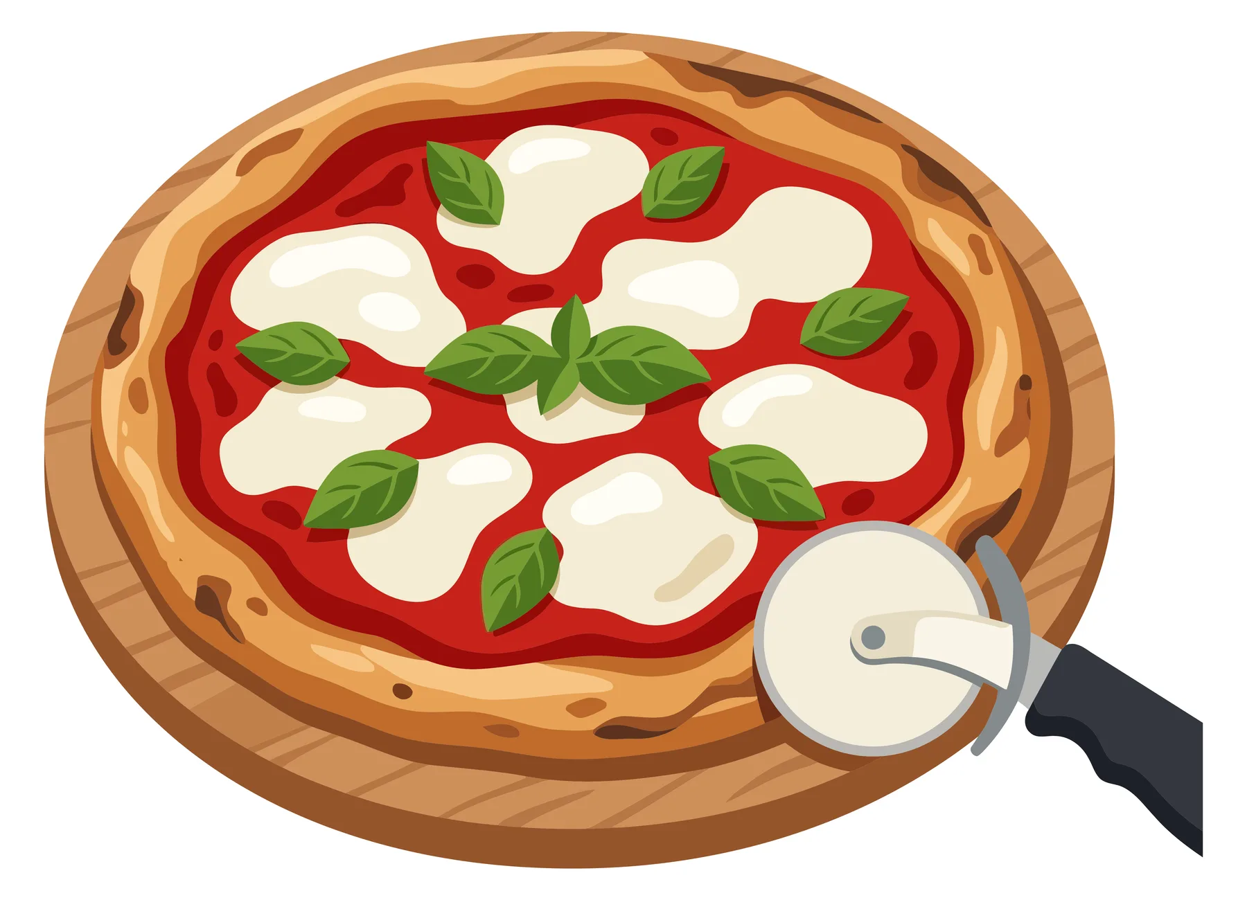 pizza margherita on wooden cutting board with pizza cutter isolated on white background