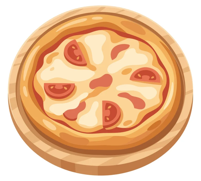 pizza with melted cheese and sliced tomatoes on a wooden board vector illustration