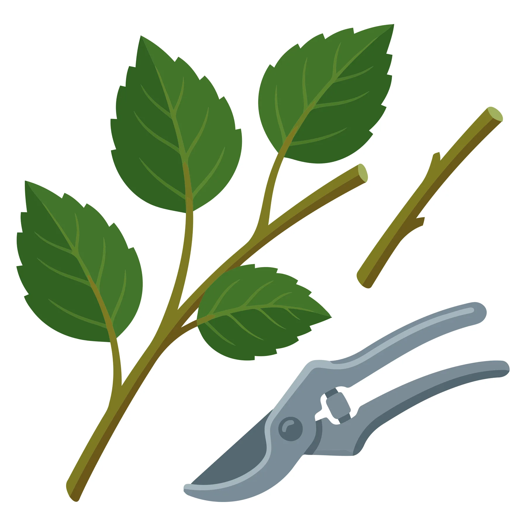 plant pruning vector illustration gardening shears and green leafed stem cuttings isolated on white background