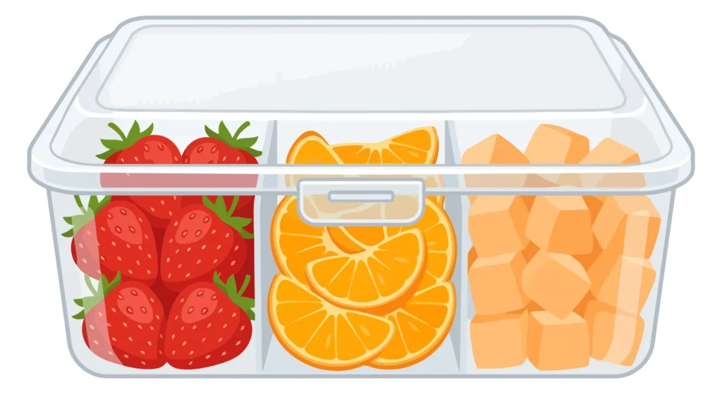 plastic container with compartments filled with fruit pieces