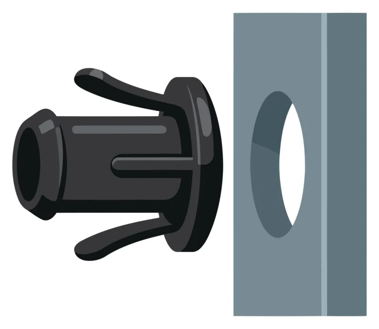 Black Plastic Push-In Rivet and Mounting Hole Illustration