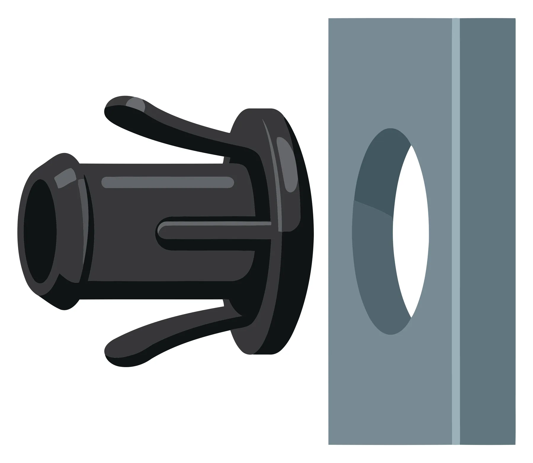 Black Plastic Push-In Rivet and Mounting Hole Illustration
