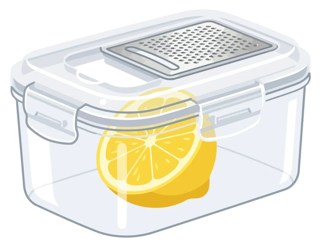 plastic food storage container with a lemon slice inside