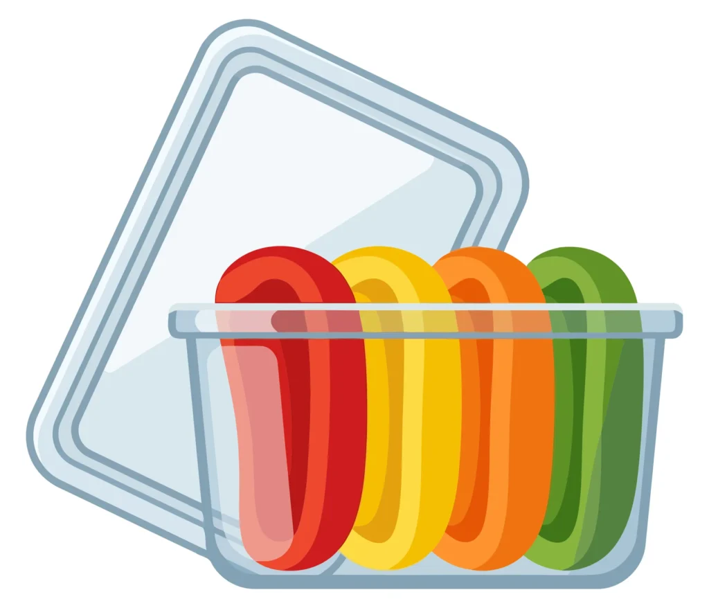 plastic food storage container with colorful sliced bell peppers isolated on white background