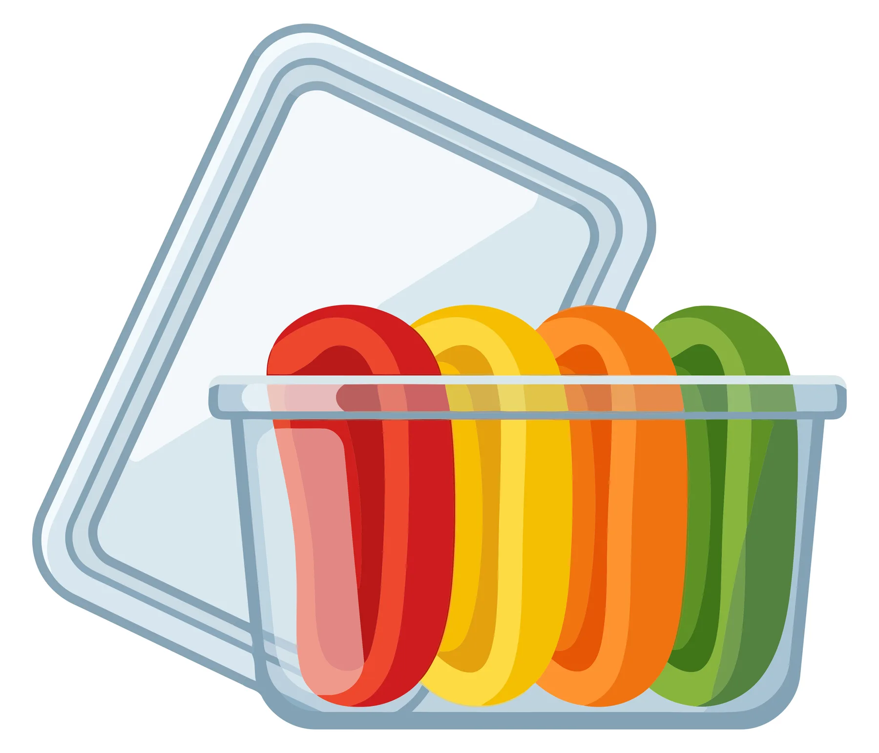 plastic food storage container with colorful sliced bell peppers isolated on white background